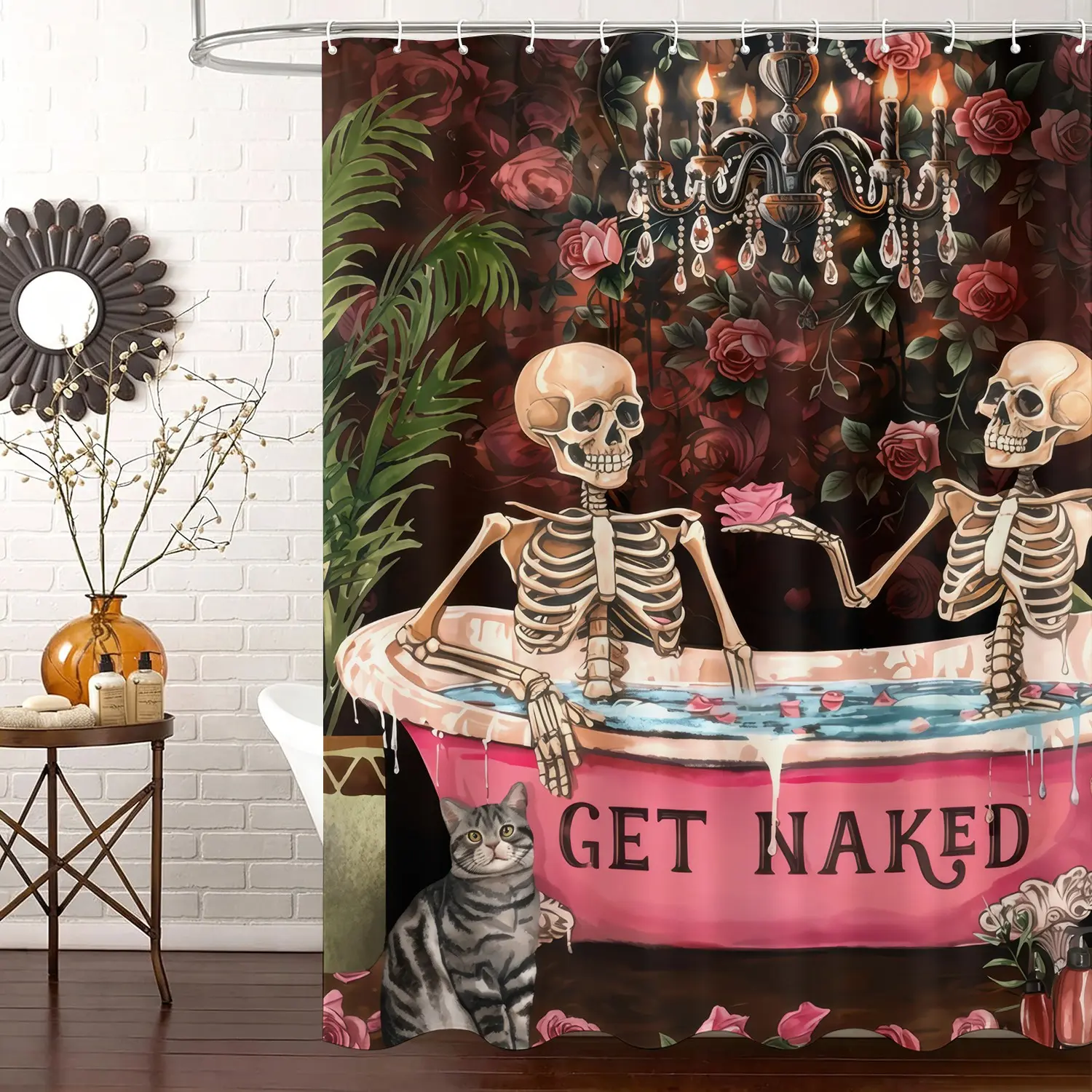 Gothic Rose Skeleton Couple Get Naked Shower Curtain, Waterproof Cloth Fabric Bathtub Curtain Accessories 72"x72" with 12 Hooks, Goth Aesthetic Lovers Halloween Bathroom Decor