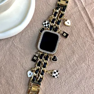 1 fashionable small fragrance metal double chain strap, suitable for Apple Watch 38/40/41/42/44/45/46/49mm, suitable for Apple Watch Ultra/SE/11/10/9/8/6/5/3/2/1 series, (strap only)