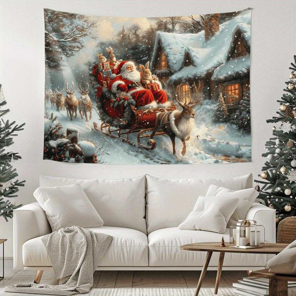 Santa's Sleigh Hanging - Snow Town Scenery, Polyester Christmas Decoration Living Room D