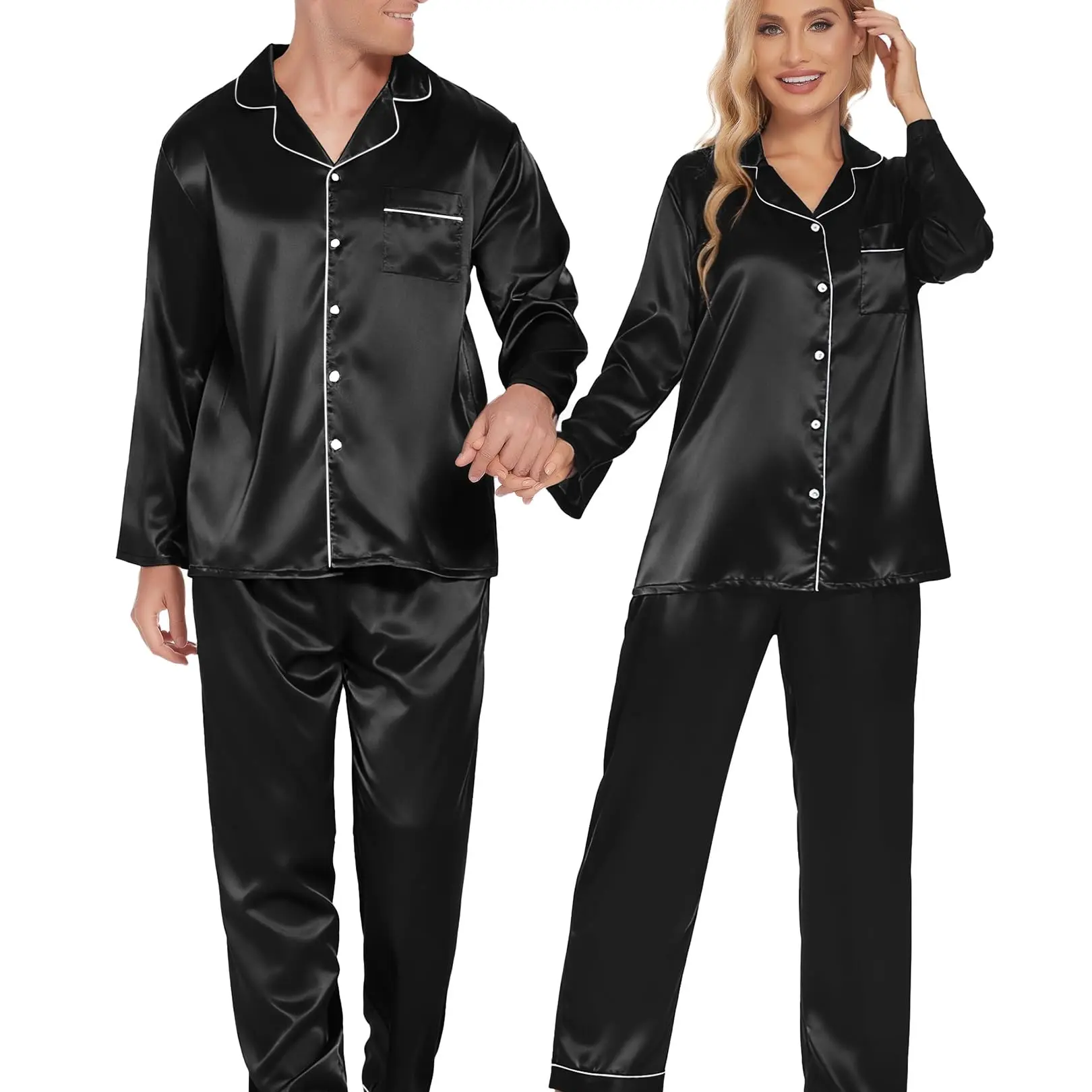 Couples Matching Pajamas Silk Long Sleeve Sleepwear Satin Soft Button Down Loungewear Pjs Set