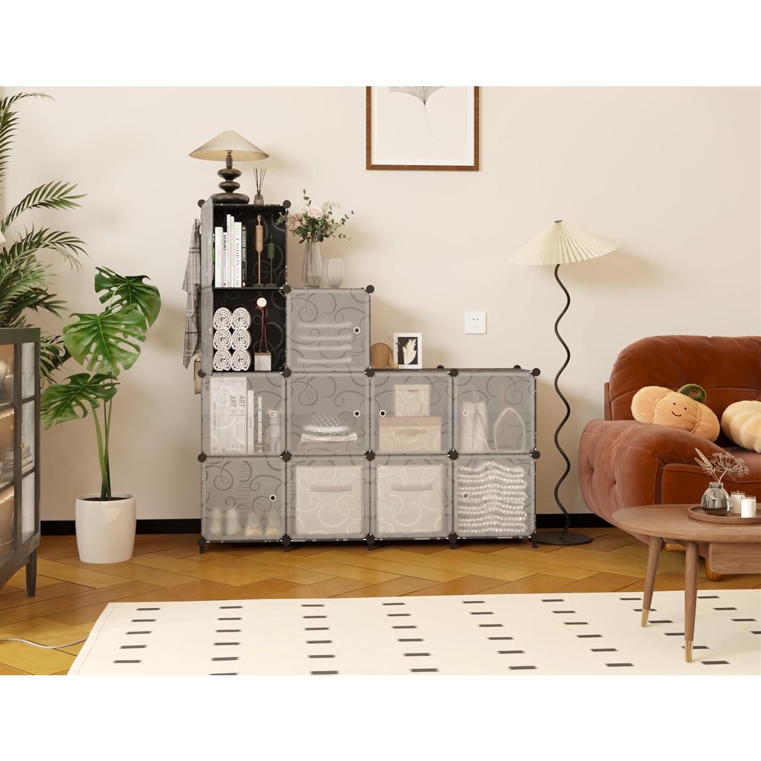 12 Cube Storage Organizer with Doors, DIY Plastic Closet Shelf, Modular Bookshelf, Stackable Shelving Rack for Bedroom, Living Room, Black ULPZ012