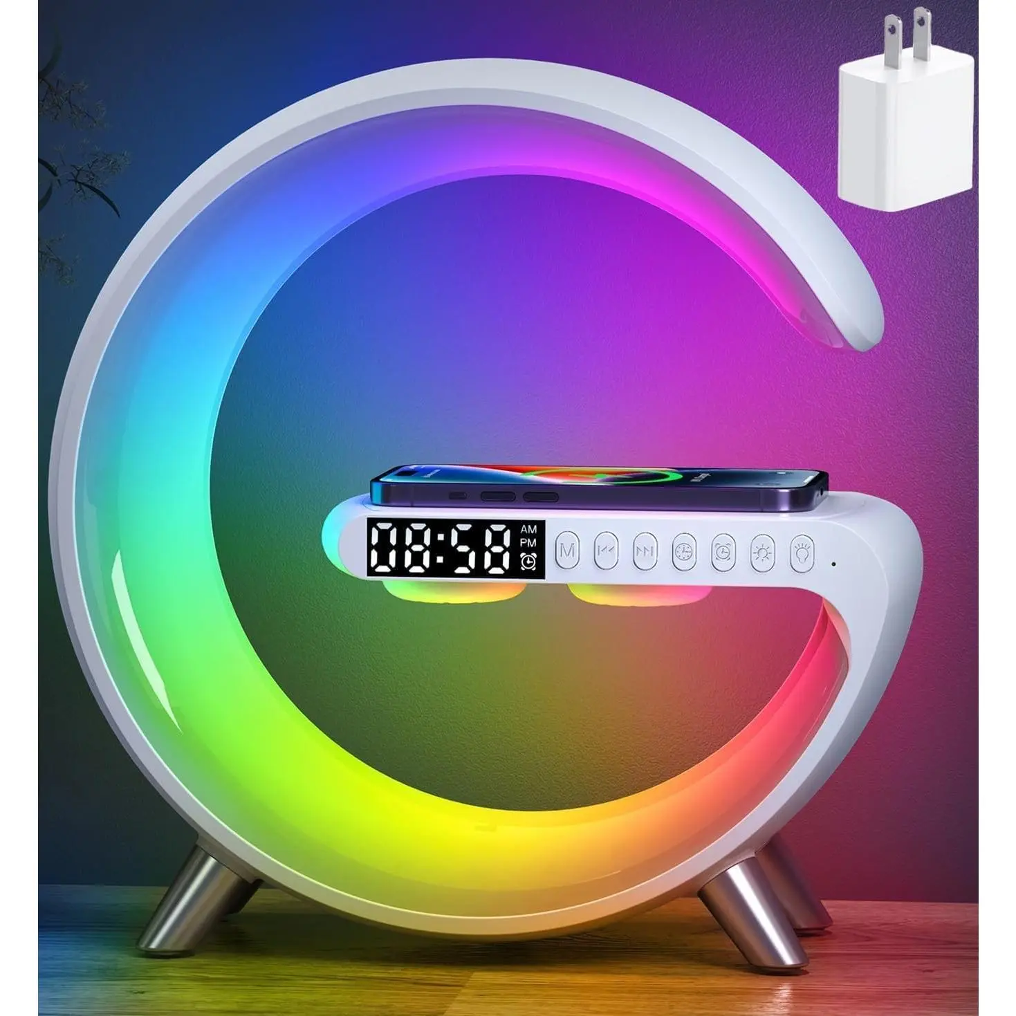 5 in 1 LED Table Lamp with Wireless Charging, Bluetooth Speaker, App Controlled Night Light & Alarm Clock, Christmas Birthday Gifts for Kids Teens Adults, Ideal for Office Desk Bedroom Decor