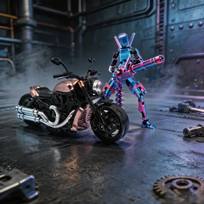 T13 Multi-Joint Action Figure, Motorcycle and Doll Combo Model, Assembled Mechanical Doll with Gatling Gun, Desktop Decor, Gift for Gamers