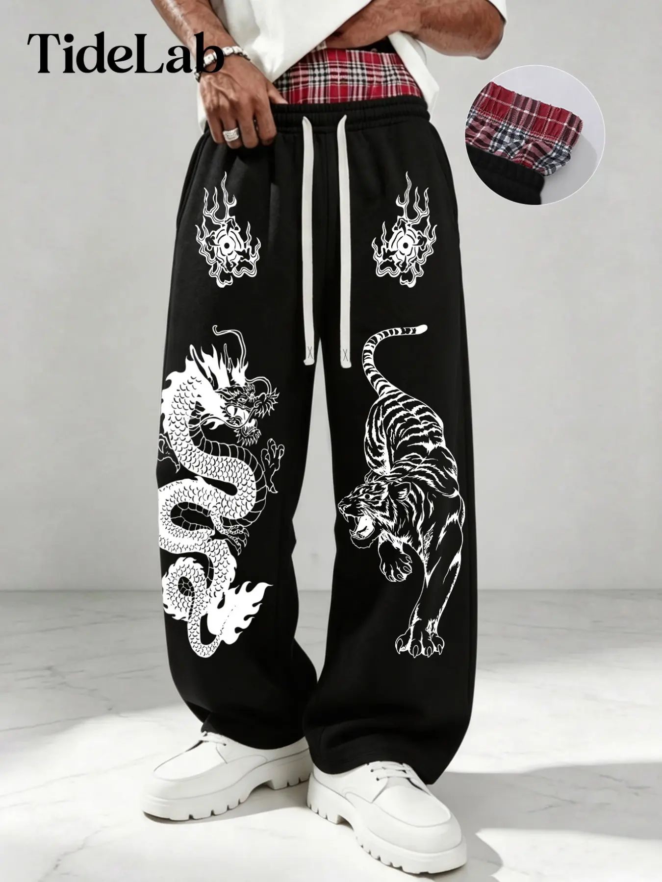 Unisex Dragon Tiger Plaid Trousers, Casual Slim-Fit Drawstring Joggers, New Chinese Streetwear, All-Season Sportswear