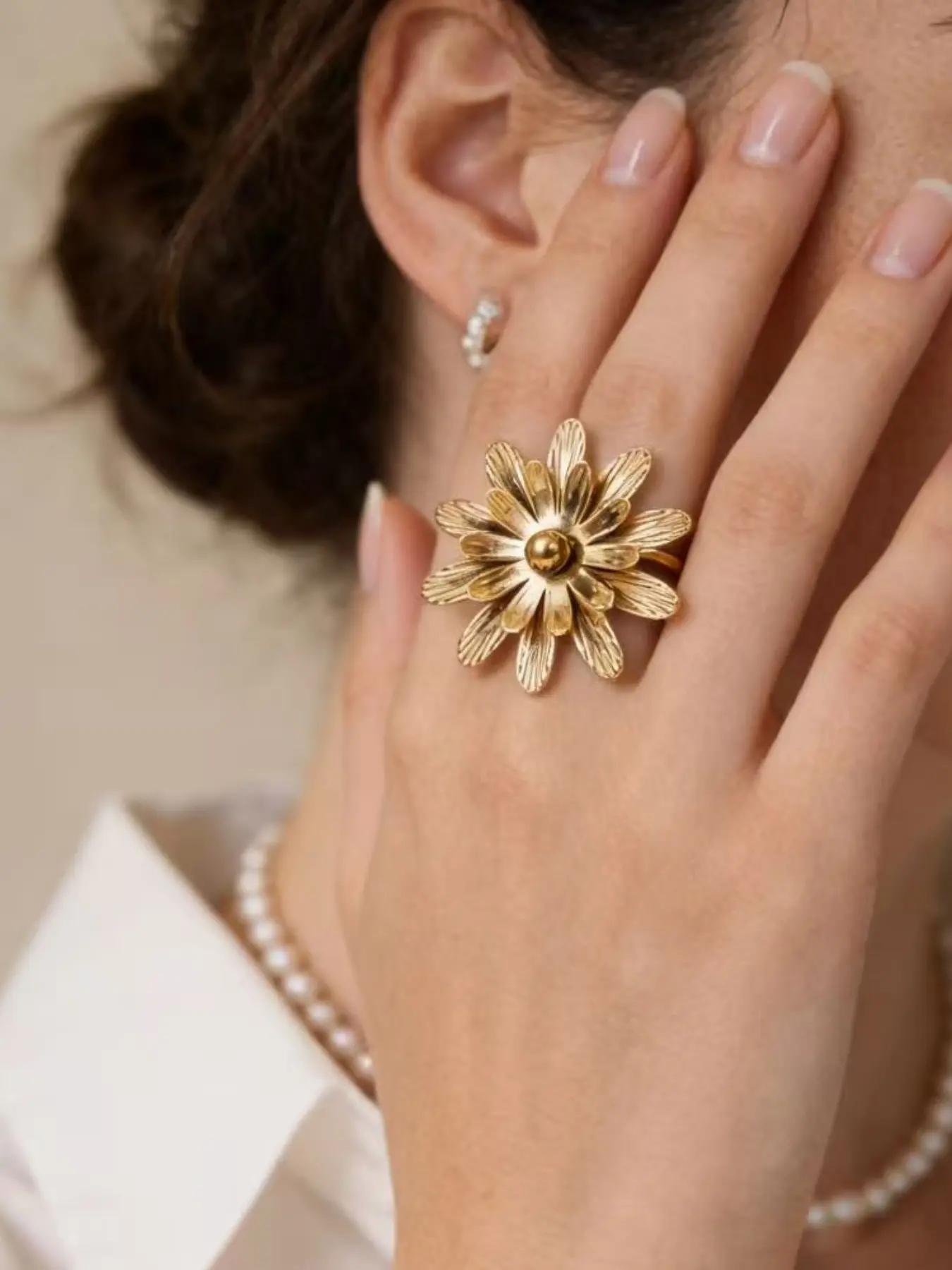 18k Gold Plated 304 Stainless Steel Daisy Ring, Adjustable Open Band, Vintage Waterproof Women's Jewelry, Elegant Fashion Accessory