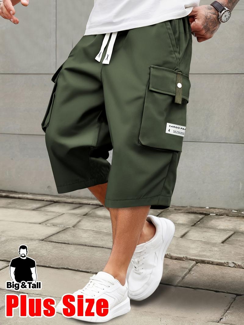 Men'S Plus Size Summer Lightweight Cargo Pants - Casual Cargo Style with Drawstring Waist, Large Pockets & Letter Patch, Solid Color Regular Fit for Casual Attire & Outdoor Activities, PLUS SIZE Men'S Plus Size Summer Lightweight Cargo Pants - Casual Cargo Style with Drawstring Waist, Large Pockets & Letter Patch, Solid Color Regular Fit for Casual Attire & Outdoor Activities, PLUS SIZE