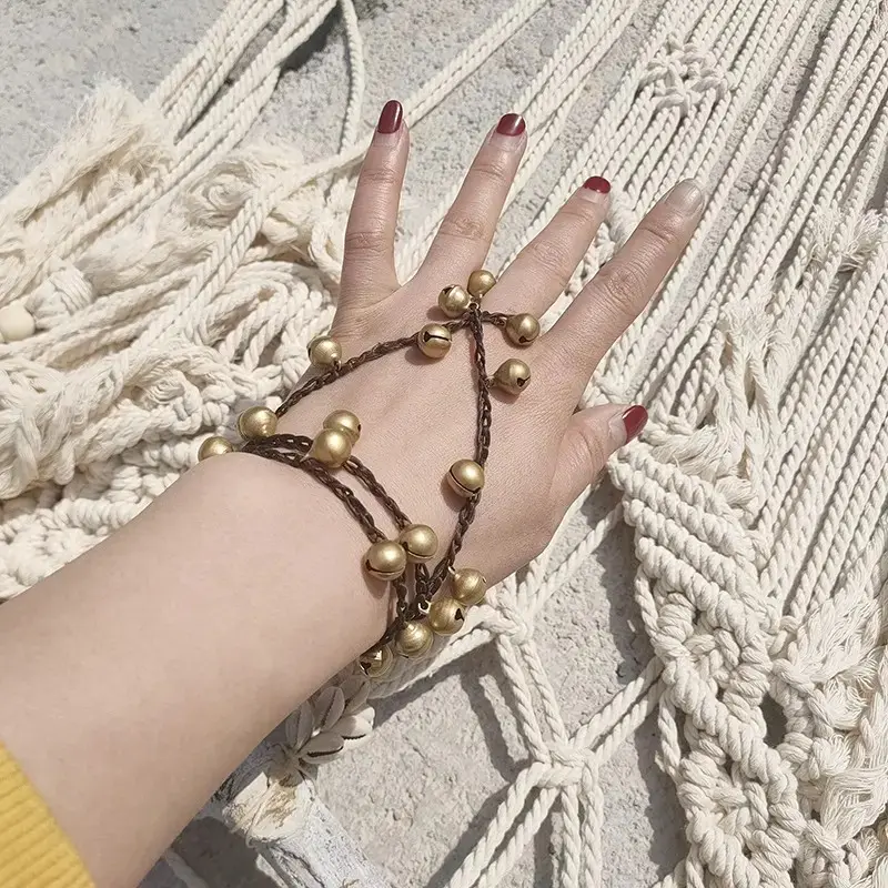 1 Piece Women’s Boho Antique Gold Copper Bell Slave Bracelet, Adjustable Braided Hand Harness with Jingle Charms, Bohemian Jewelry for Festival, Beach, Vacation, Everyday & Summer Gifts permanent woman teen girl gift