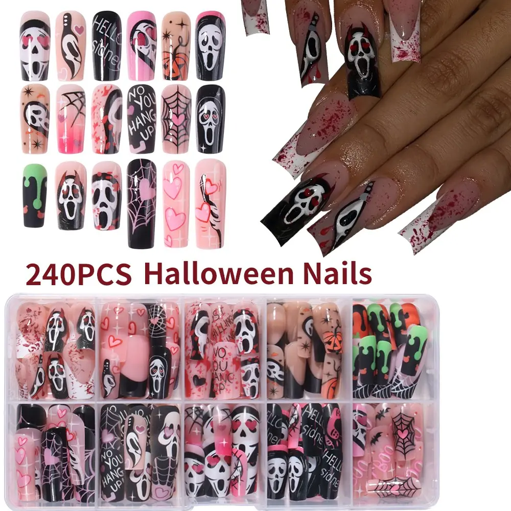 Halloween Press-On Nails Set, 240 Pieces, Medium Square, Ghost, Mummy, Blood Drop, Bat, Spider Web, Pumpkin Design, French Tip, Women & Girls
