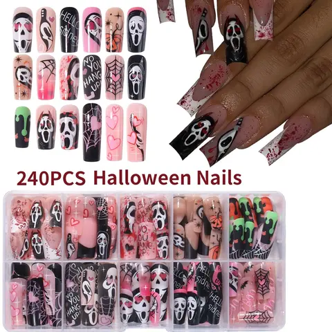 Halloween Press-On Nails Set, 240 Pcs, Medium Square, Ghost Mummy Blood Drop Bat Spider Web Pumpkin Design, French Tip, Women & Girls, Nail Art Supplies, Pressed On Nails