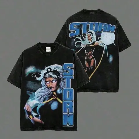 Men's 90s Vintage Storm Goddess Comic Hero Casual Graphic T-Shirt - Menswear, 100% Heavyweight Cotton, Short-Sleeve, Crew Neck, Baggy Loose Oversized Streetwear Top, All Seasons