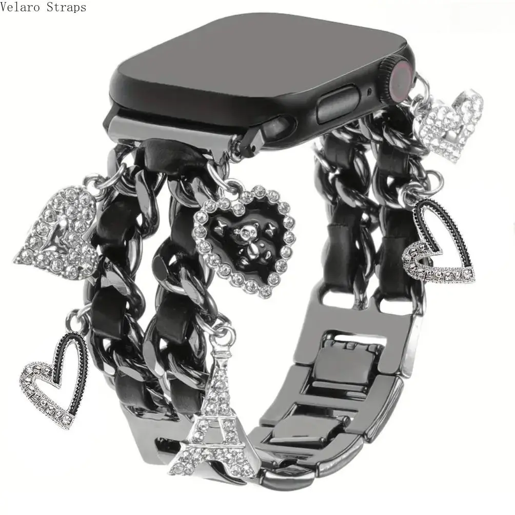 Heart & Rhinestone Charm Double Chain Watch Strap, Fashion Leather-Wrapped Band Compatible with All Apple Watch Series, Ultra & SE 1-9