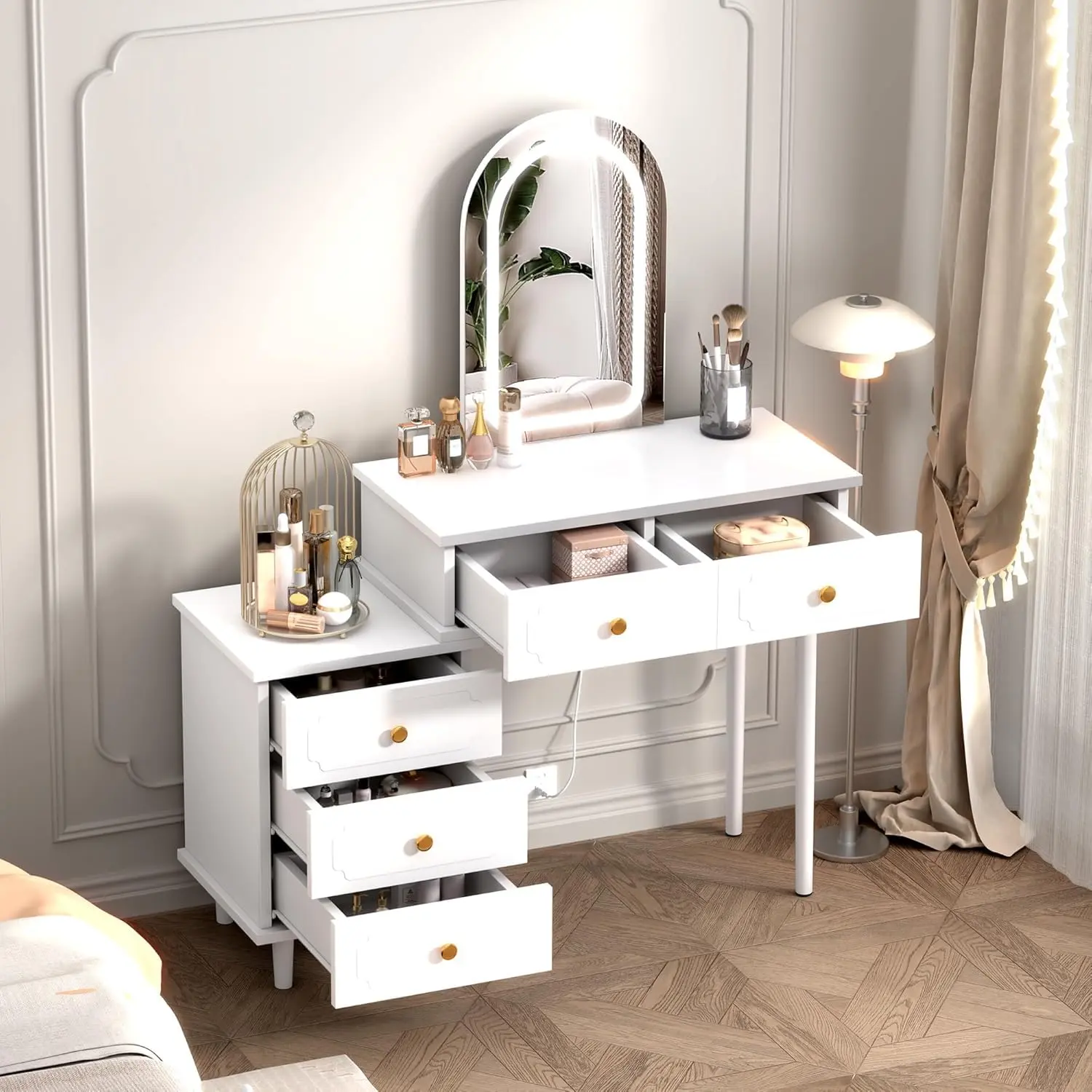 Garvee Lighted Mirror Makeup Vanity Desk (White), Modern Wood Dressing Table with 2 Drawers & Adjustable 3-Drawer Cabinet