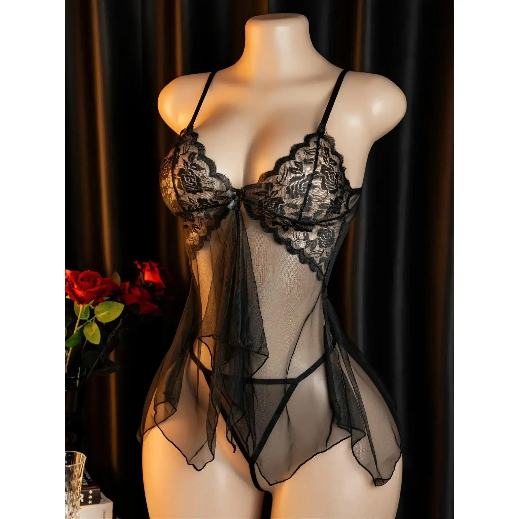 Sexy Floral Sheer Nightgown & Panty Set, Loose Ruffle Camisole Dress with Adjustable Straps, Bold Seductive Lingerie for Boudoir, Valentine’s Day & Romantic Occasions