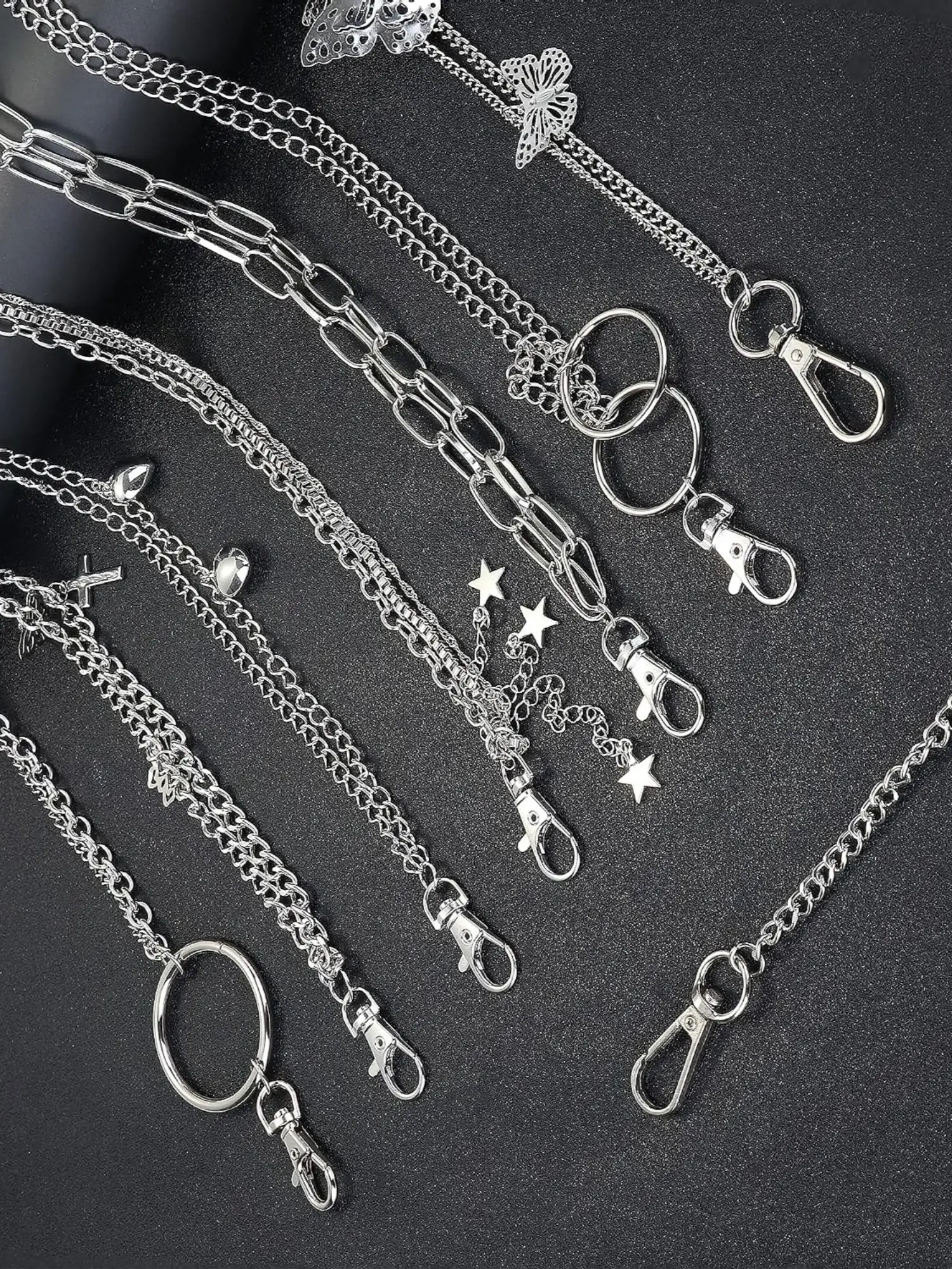 8 Pcs Cool Matte Silvery Unique Stacked Waist Chain Jewelry Set Alloy Multi-Tier Pant Chain Bulk Pack for Underground Alternative Streetwear Enthusiasts Recycled Alloy Waist Decor Assortment Mixed Heart Butterfly Cross Multi-layer Pant Chain