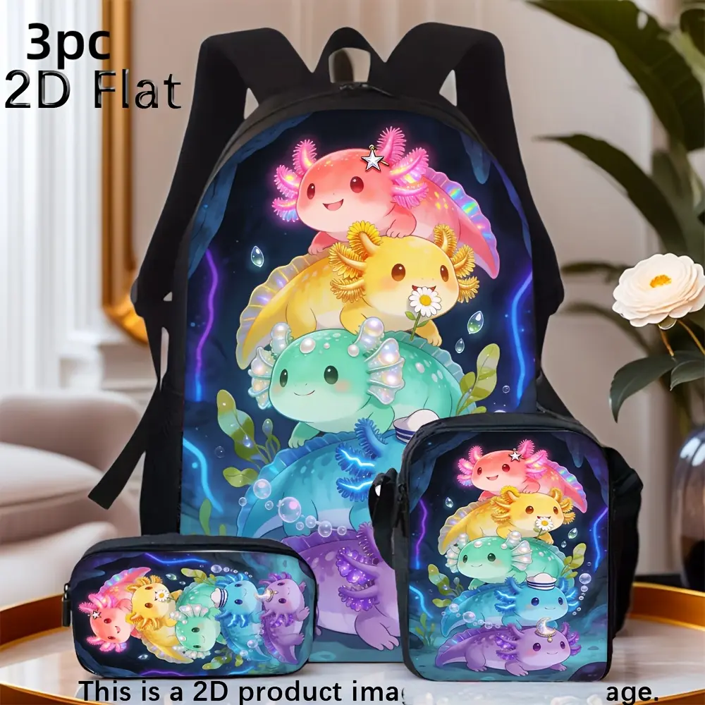 2D Flat Cute Colorful Stacked Cartoon Axolotl Print 3pcs Backpack Bag Set Suitable for Daily School Use And Outdoor Activities, 17in # backto school # Backpack set # school gifts, 17in Bookpack