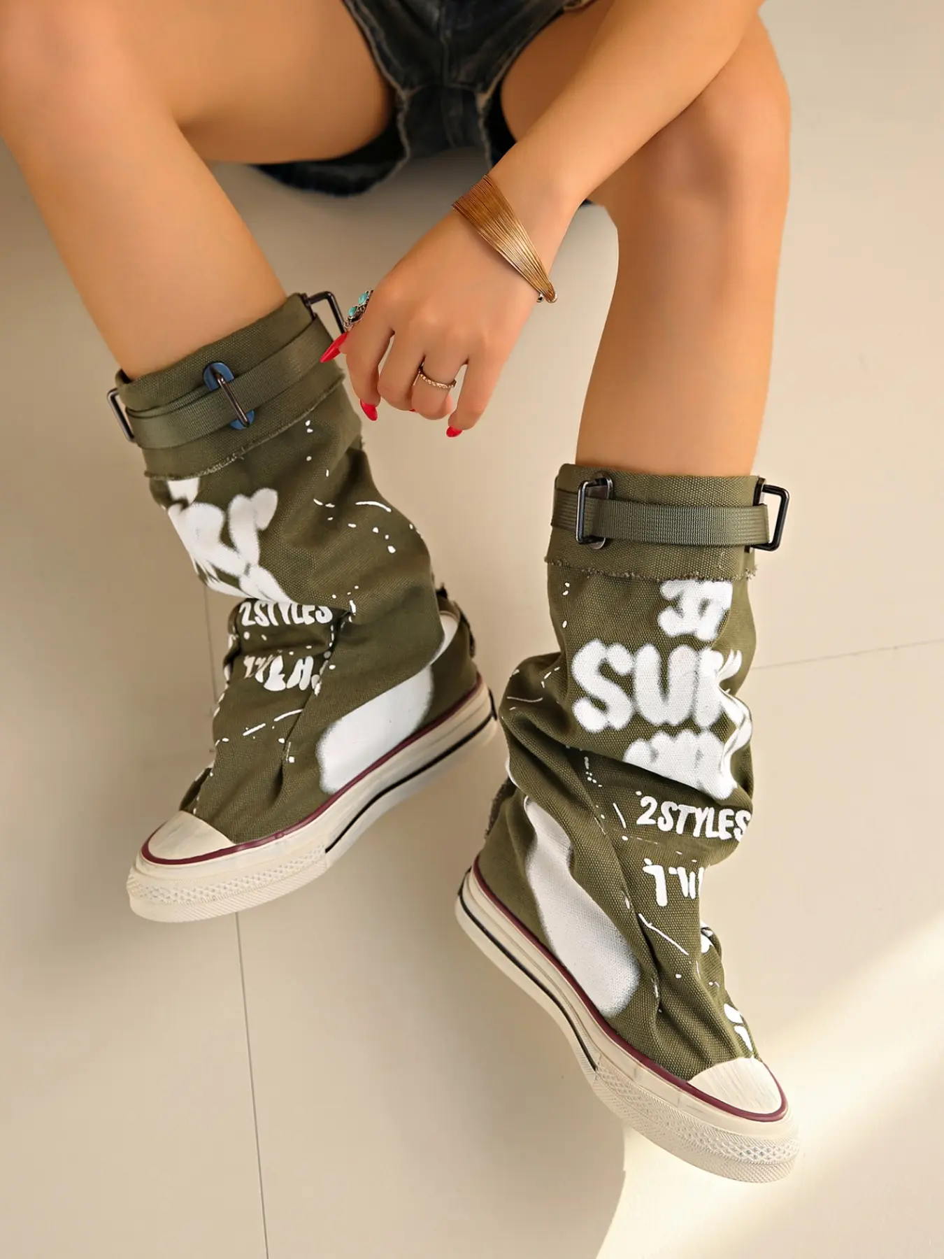 Women's High Top Canvas Boots, Adjustable Metal Buckle, Non-Slip Rubber Sole, Street Style, All Seasons, Casual Fashion Shoes