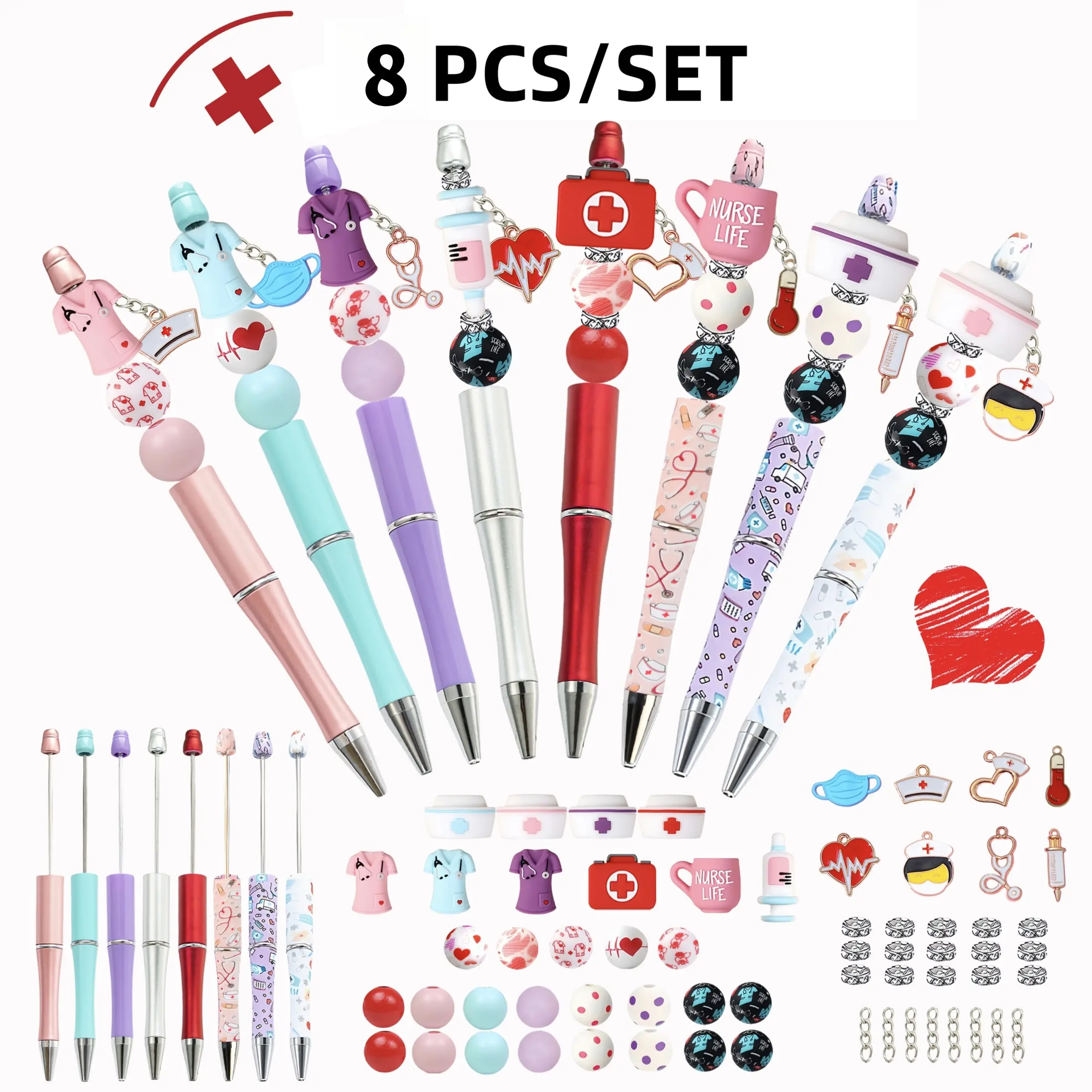 Nurse Hospital Theme Beaded Pen Set, 8-Piece DIY Kit with Spacer Beads, Silicone Beads, Tassels, Charms, Storage Box, Ink Ballpoint Pens