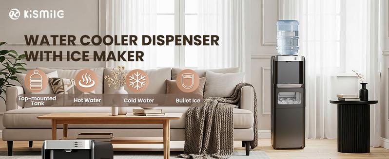 Kismile Water Cooler Dispenser with Ice Maker for 2, 3 or 5 Gallon Bottles, 33Lbs Daily Ice Making, Child Safety Lock and Energy-Saving Design for Home and Office (Black) Drink Mixer Kitchen Appliances