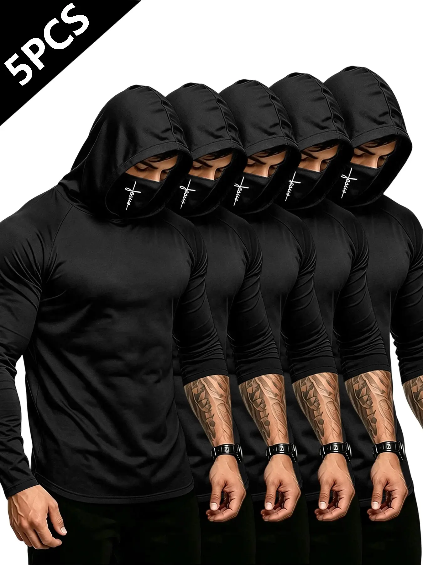5-Pack Men's Printed Hooded Sun Protection Long Sleeve Shirt, Summer Outdoor Workwear, Ideal for Fishing, Hiking, Sports, Fitness
