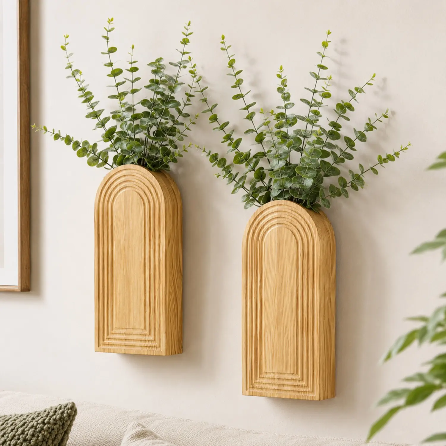 2 Pack Wooden Wall Vase Set, Rustic Wall Hanging Flower Vase, Wall Mounted Vase, Farmhouse & Boho Wooden Wall Decor for Living Room, Entryway, Hallway, Bathroom