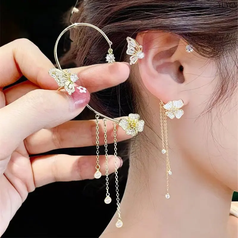 Women's Butterfly Floral Motif Tassel Dangle Ear Cuff Set - Multi-Layer Long Chain Ear Wrap, Elegant Fairy Look Party Wear Piercing Jewelry for Indoor Recreation