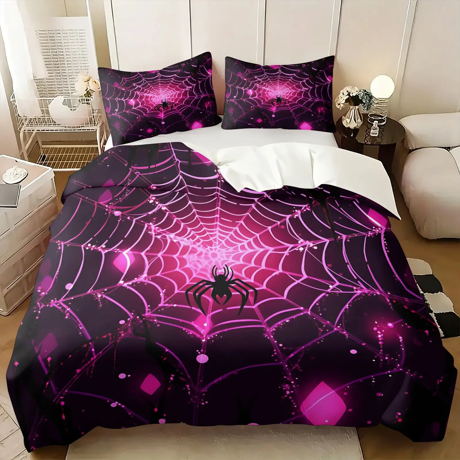 Cyber Neon Purple Pink Glowing Spider Web Duvet Cover Set, Include One Comforter Cover and 1/2 Pillowcases, Dreamy Glitter Speckle Oversized Graphic Quilt Cover, Dark Gradient Contrast Edgy Design Bedroom Bedding Decor