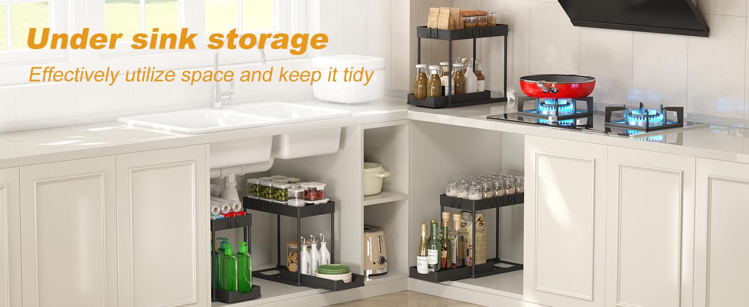 Under Sink Organizer – Bathroom Cabinet Storage with Pull Out Sliding Drawers – 12.8 Inch Shelf for Kitchen, Bathroom, Laundry Room & Cleaning Supplies Organization