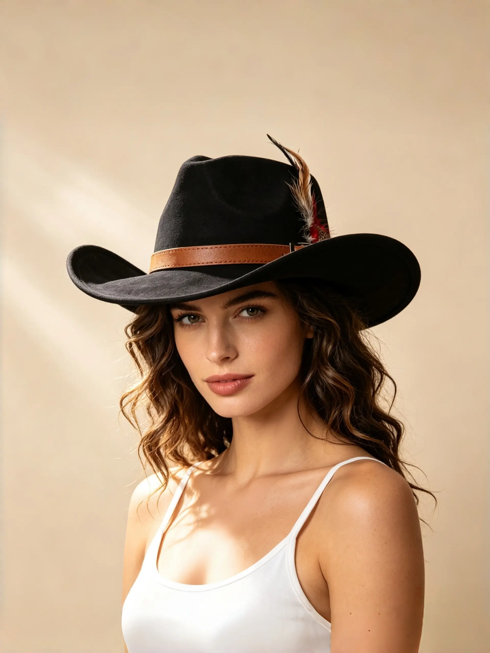 American Western Cowboy Hat, Soft Faux Suede, Adjustable Buckle, Colorful Feather Accent, Windproof Rope, Unisex, All Seasons, Adjustable Stylish Hat