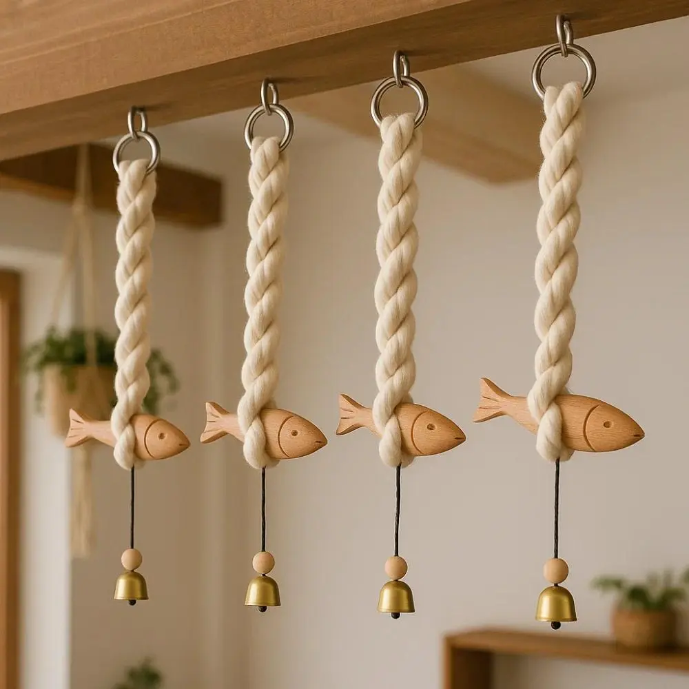 Marine Beach Themed Wood Fish Sculpture Hand Carved Handcrafted Fish Door Chimes with Bell Rustic Fish Wall Hanging Decor