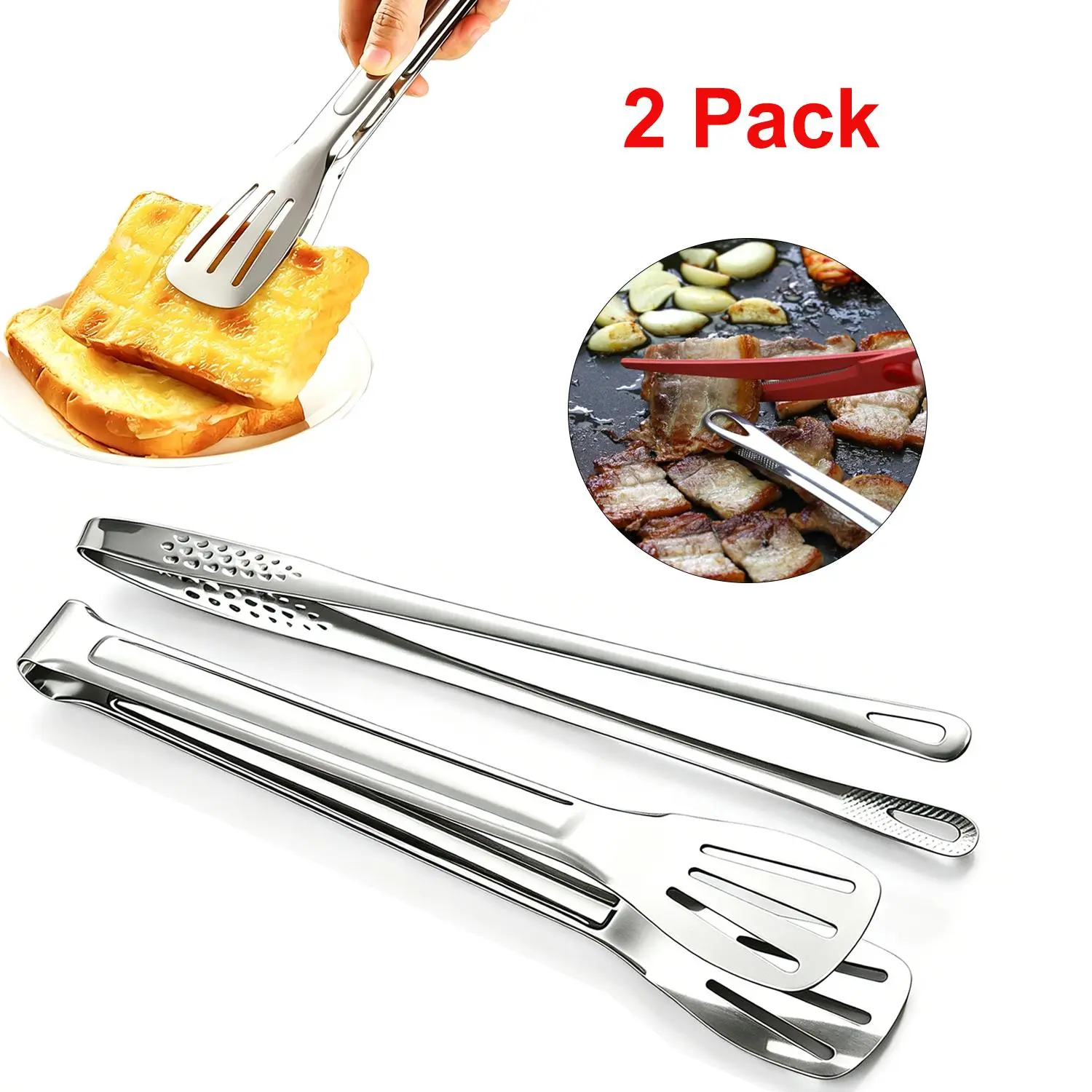 2-Pack 304 Stainless Steel BBQ Tongs, 11" & 11.2" Non-Slip Heat Resistant Food Tongs, Slotted BBQ Tongs & Korean Barbecue Tongs — a great kitchen essential for home use and a must-have tool for camping backyard campingessentials