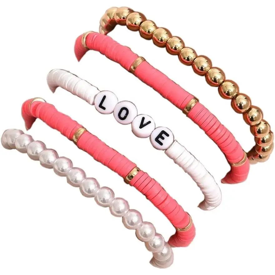 5 count Bohemian Colorful Clay Beaded Stackable Bracelets Set  Polymer Clay Faux  Beads Love Bracelets for Women Girls