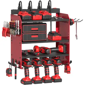 Power Tool Organizer Wall Mount with Charging Station, Garage 4 Drill Storage Shelf with Cordless Tool Holder, Heavy Duty Rack with 8 Outlet Power Strips and Hooks, Gift for Men, Husband (4 Layer)