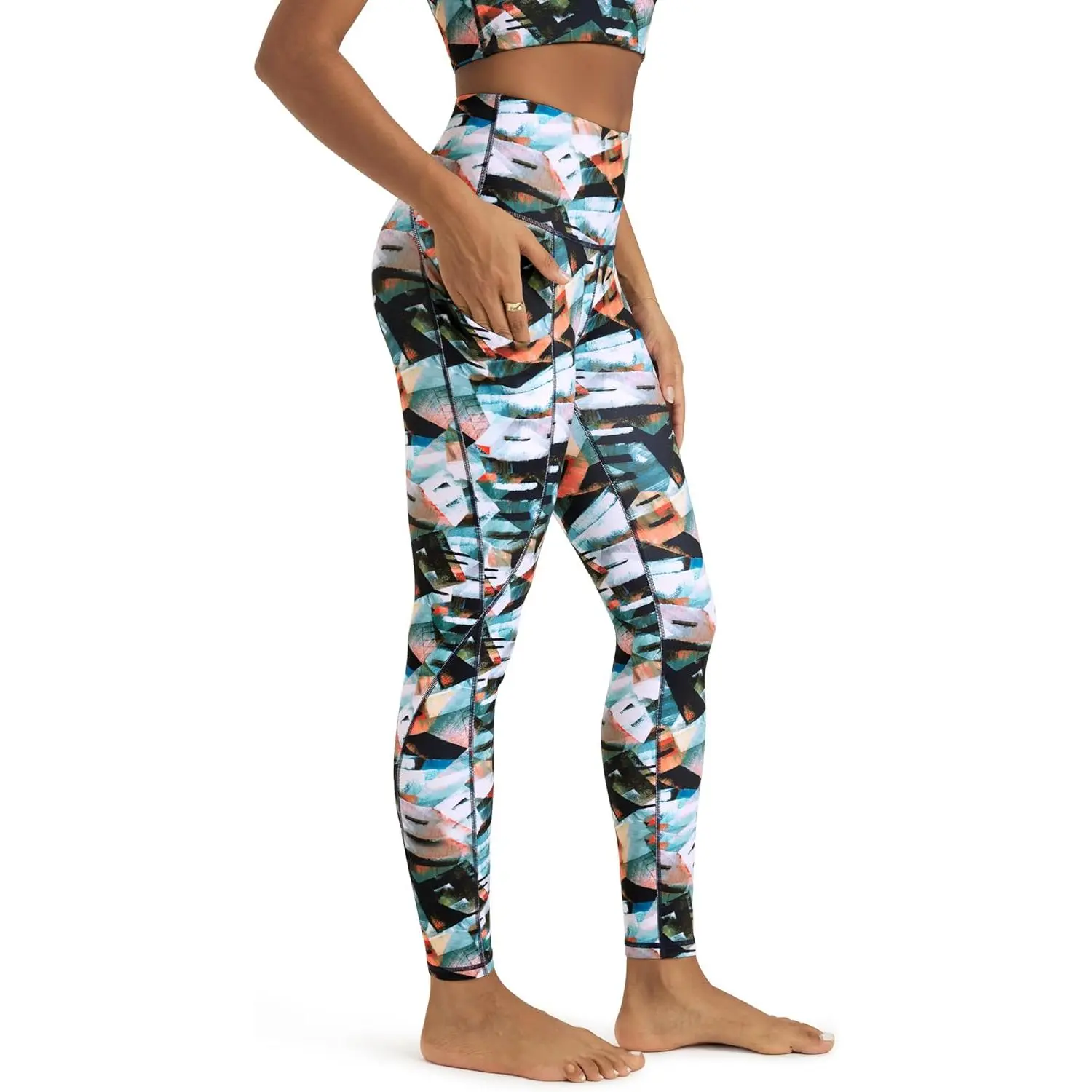 High Rise Patterned Yoga Leggings for Female Athletes - 4-Way Stretch with Tummy Control & Pockets for Volleyball & Workouts, Spandex Blend, Workout Wear, Sporty Sports Bottoms
