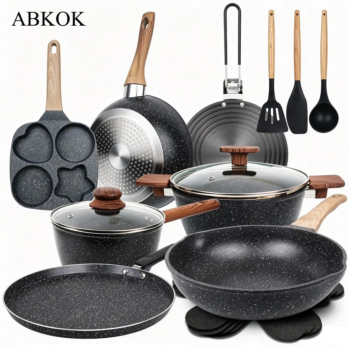 Abkok Non-Stick Kitchen Set, Includes Breakfast Pan, Crepe Pan, Thawing Tray, Soup Pot, Fry Pan, Universal Stove, Wooden Handle Silicone Tools, Felt Pad