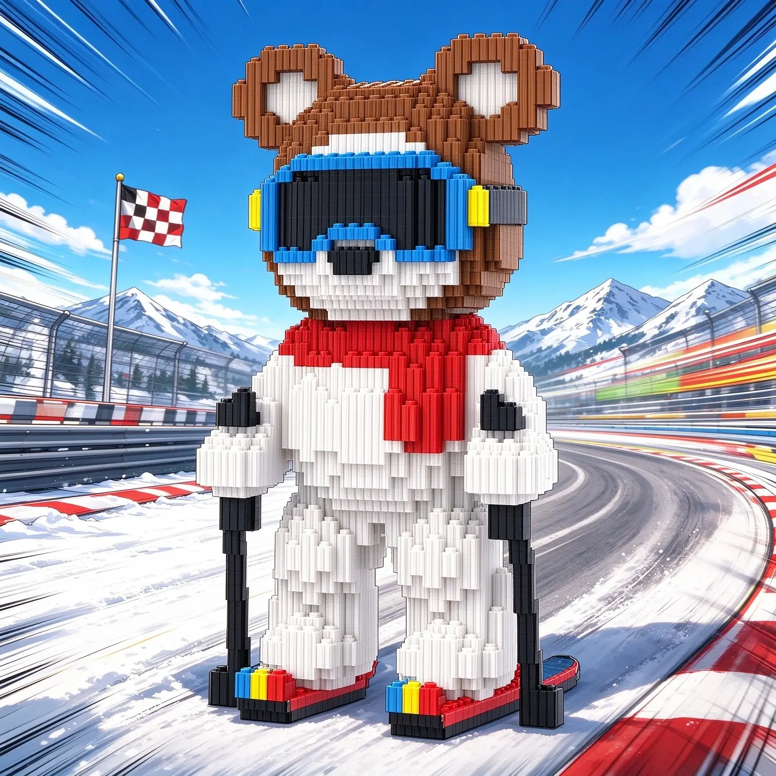 Snowboarding Lucky Bear Building Blocks 3D Puzzle, Buildable Blocks, Creative Decoration, Holiday Gifts, DIY Craft, Lightweight Statue, Collectible Display