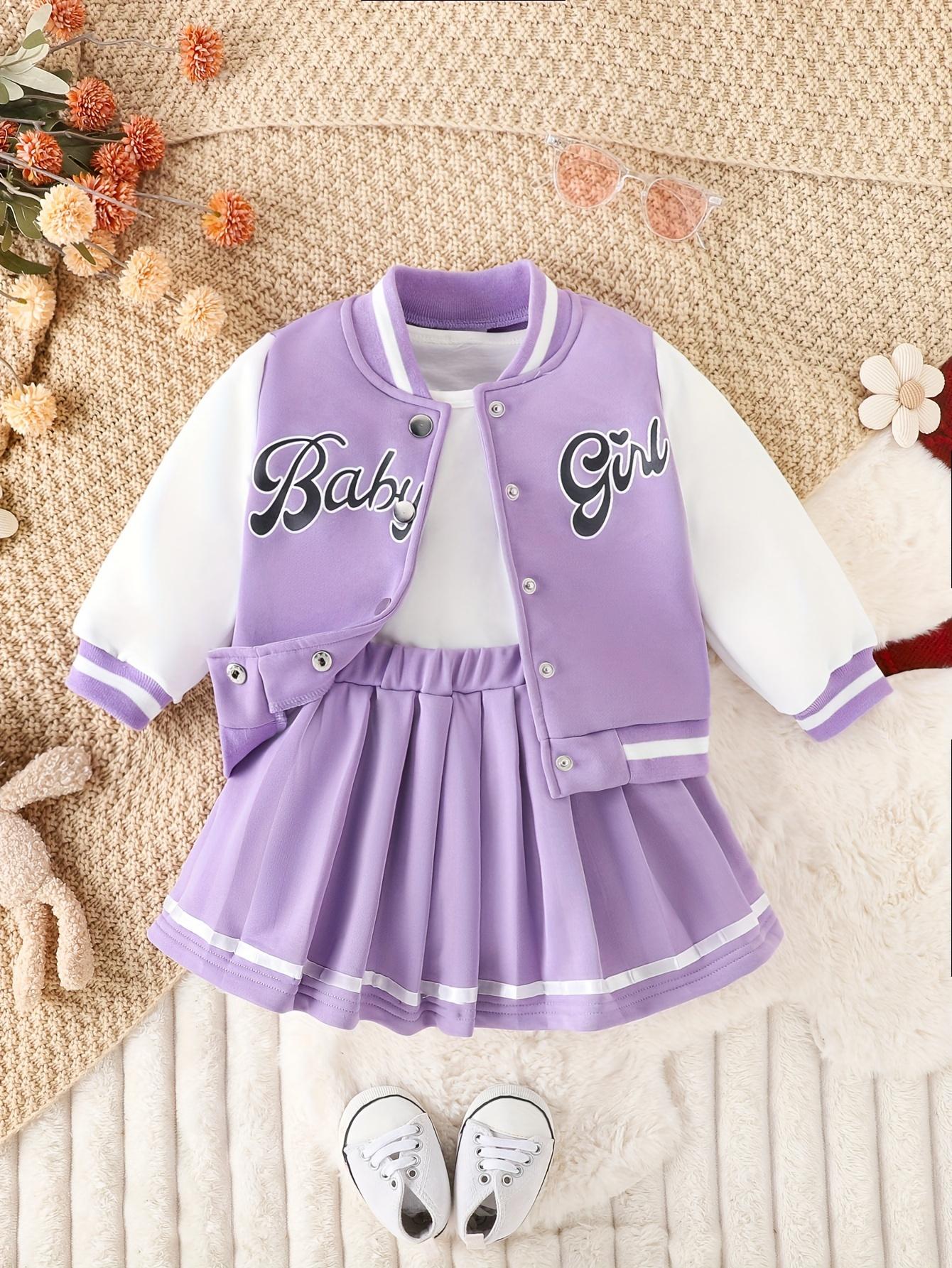 Kids Clothing Girls 2-Piece Preppy Look Set, Cotton Blend Baseball Jacket with Printed Letters + Pleated Skirt, Outdoor & Party Wear Gift