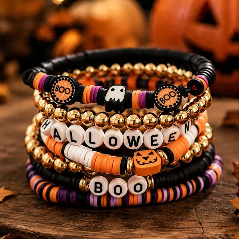 7pcs/10pcs Halloween Beaded Bracelet Set, Pumpkin Ghost Boo Letter Stretch Bracelets, Jewelry for Party
