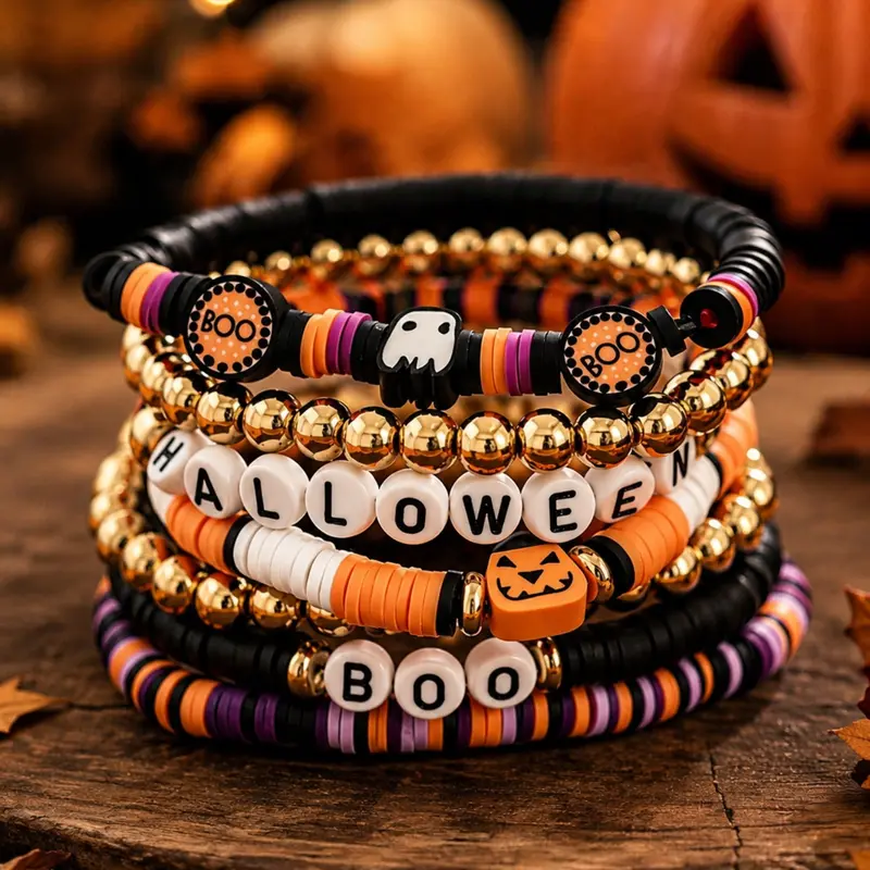 7pcs/10pcs Halloween Beaded Bracelet Set, Pumpkin Ghost Boo Letter Stretch Bracelets, Jewelry for Party