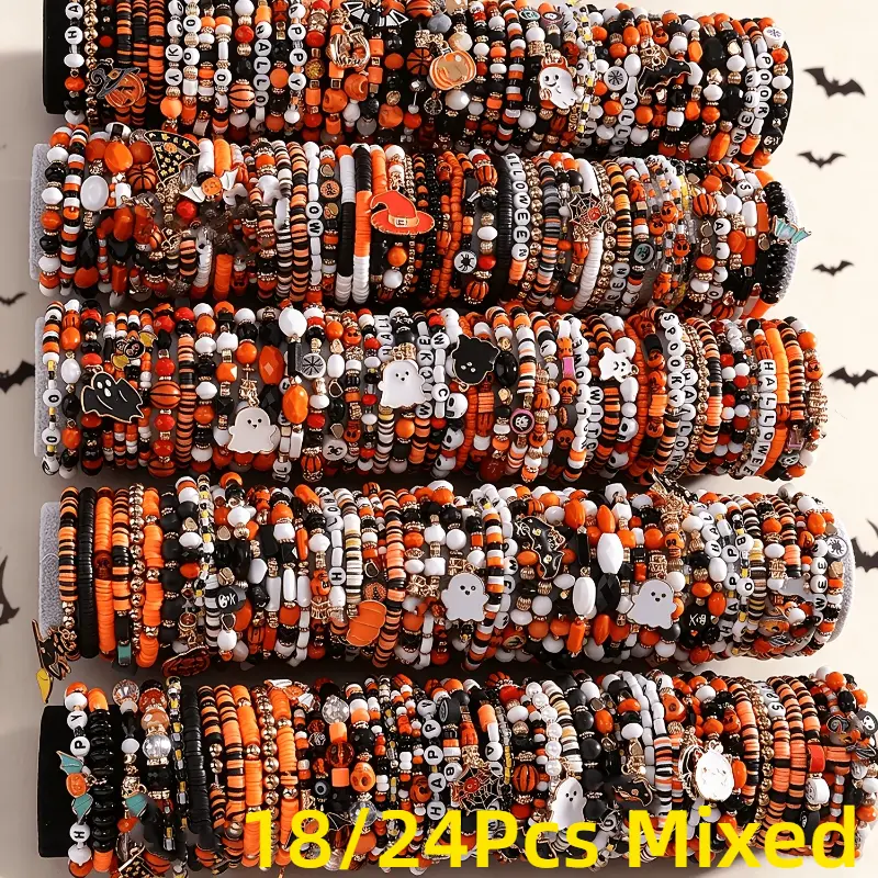 18/24Pcs Mixed Halloween Bracelet Set, Spider Bat Charm Stretch Bracelets, Unisex Jewelry for Holiday Party, Ideal Gifts for Family & Friends