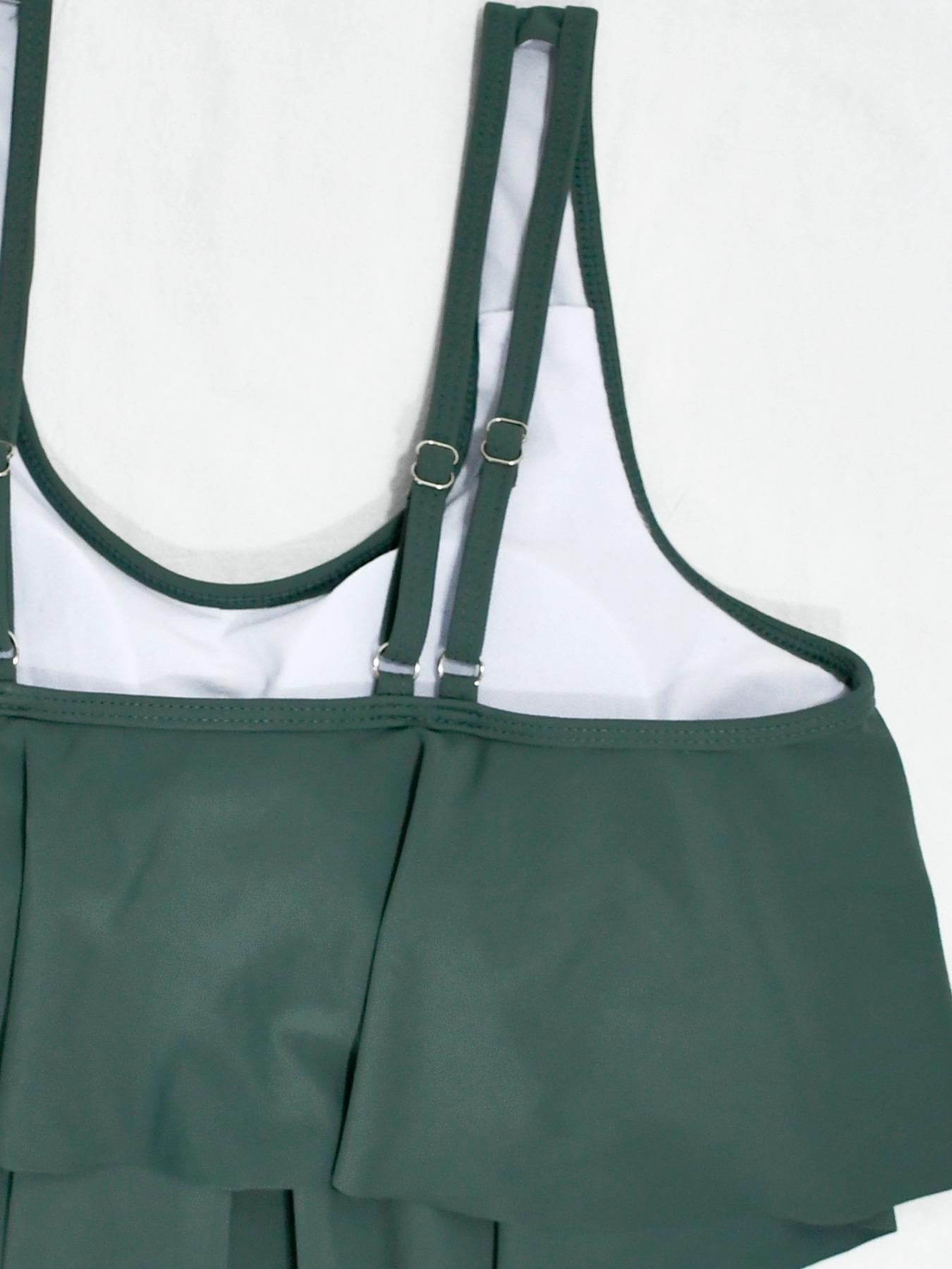 Two-Piece Set Women's Solid Ruched Ruffle Hem Tankini Set, Casual Scoop Neck Adjustable Strap Swim Top & High Waist Swim Bottom Two-piece Swimsuit for Summer, Fashion Women's Swimwear for Beach Holiday Vacation, Tankini Swimsuits