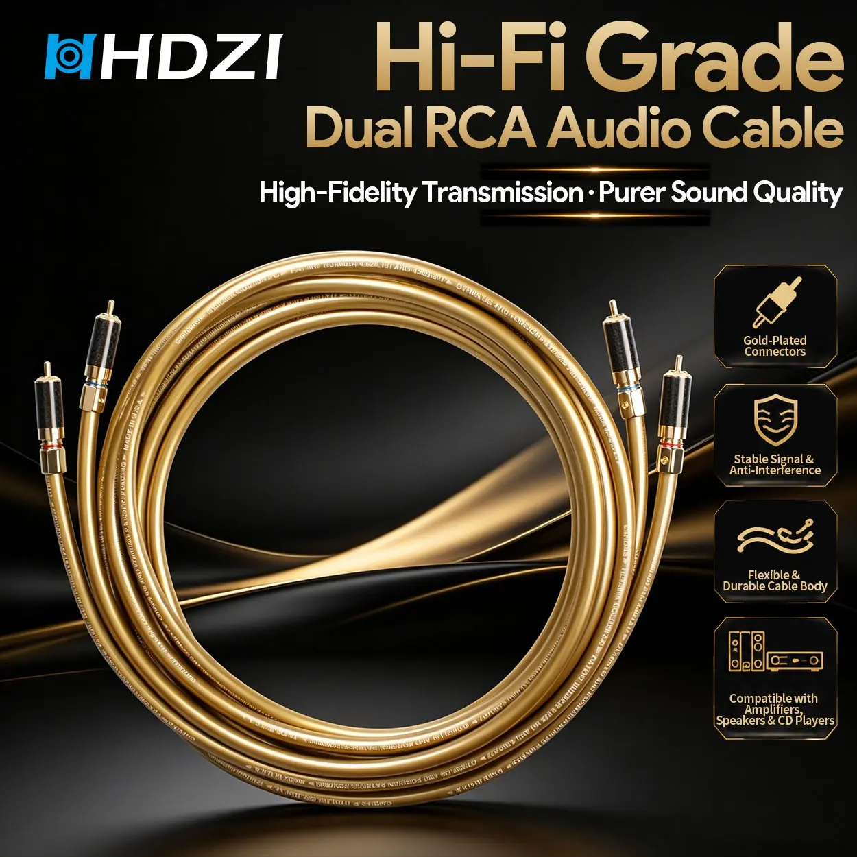 Rca Dual Rca Hi-Fi Audio Cable, Multi-Layer Shielding Noise Reduction, Compatible with Turntables, CD Players, Amplifiers, Tvs, Home Theater