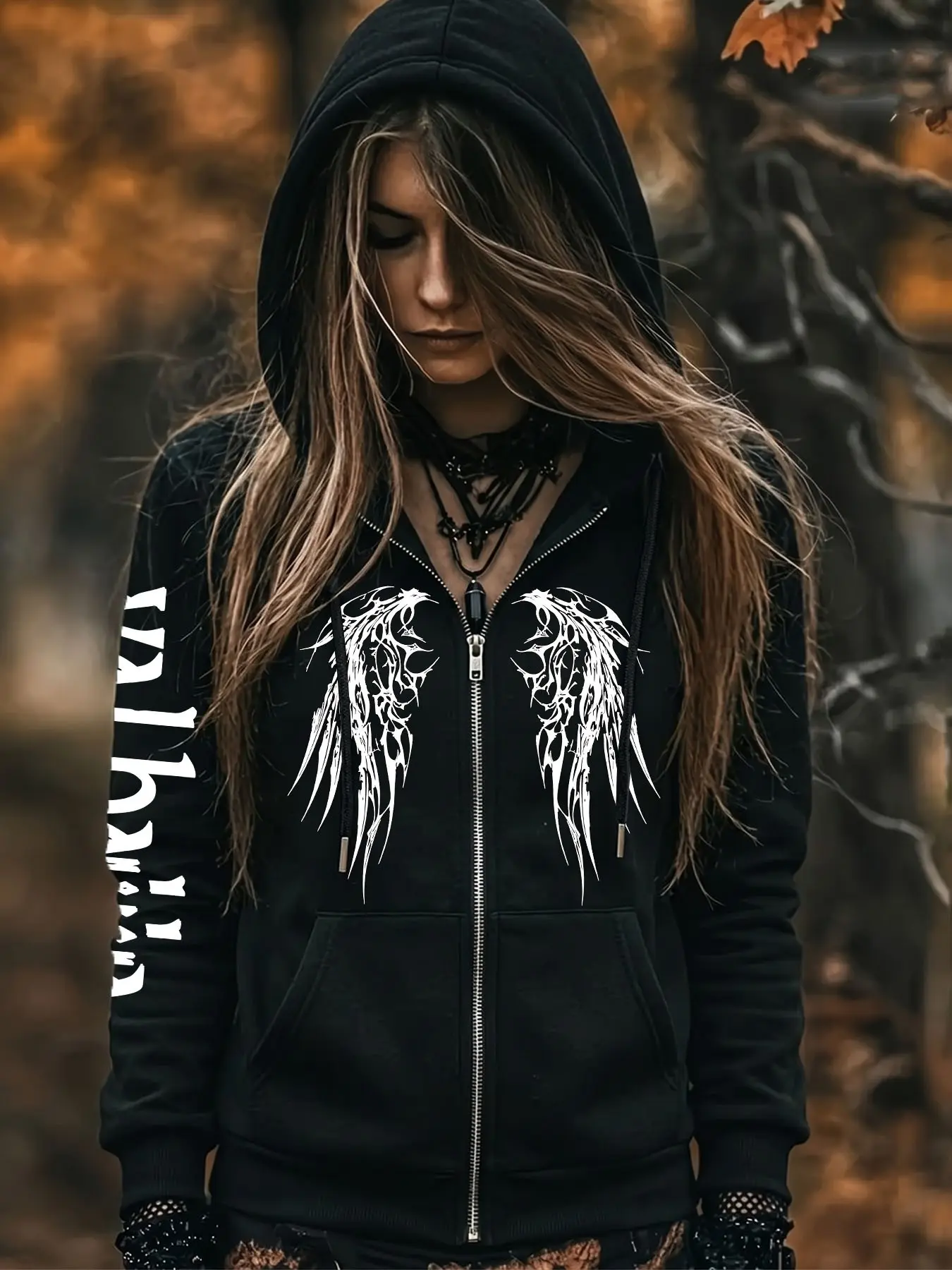 Women's Casual Zipper Sweatshirt Jacket, Vintage Tribal Viking Totem Print, Gothic Halloween Party, Perfect for Witch Costume