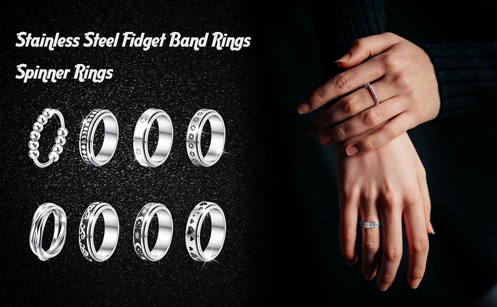 Trendy  Anxiety Ring for Women Men Stainless Steel Spinner Rings Anxiety Fidget Band Rings Engagement Wedding Promise Rings Size 7-10