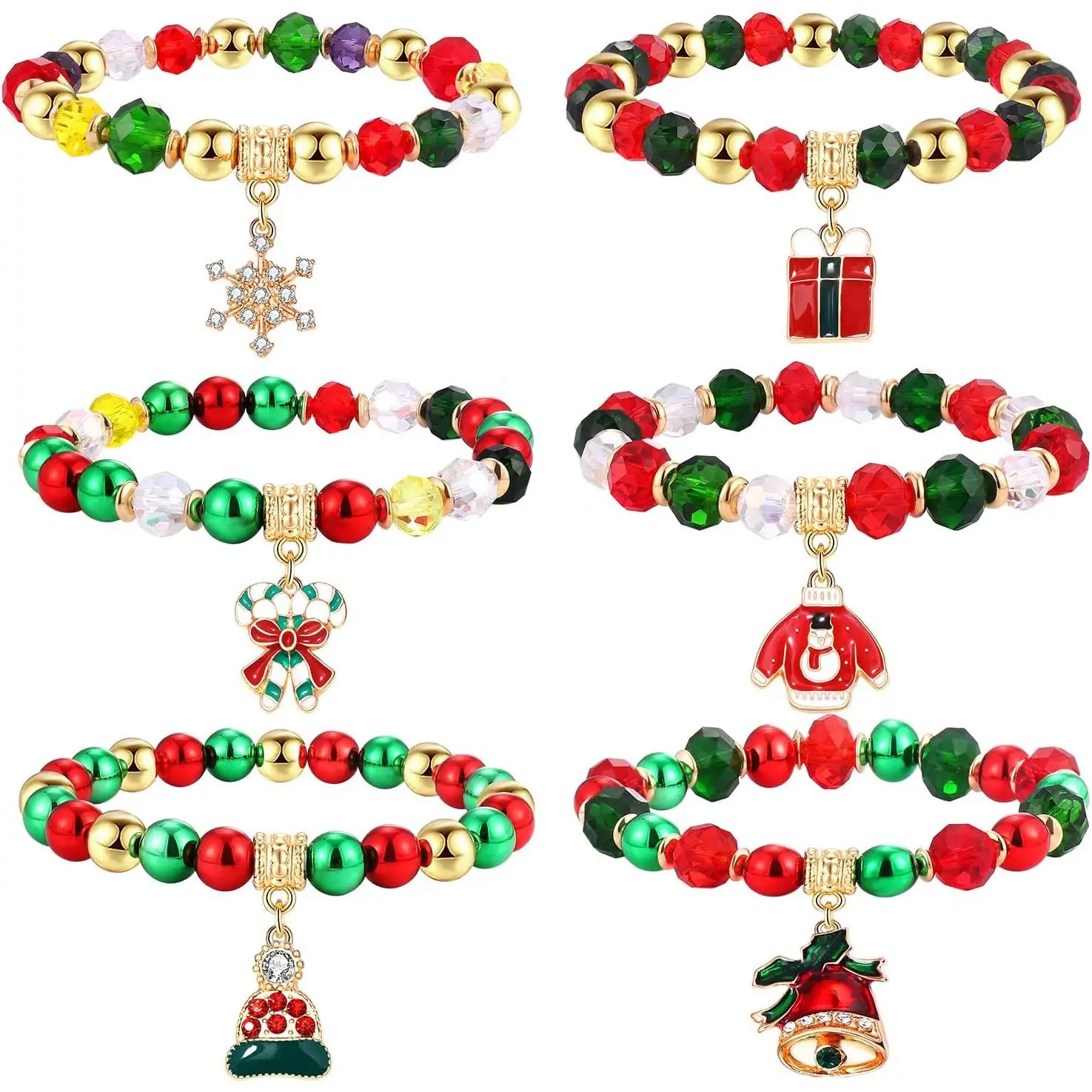 6 Pack Christmas Beaded Bracelet Set Snowflake Jingle   Bracelet Xmas Holiday Costume Beaded Stretch Bracelet for Women Party Gifts