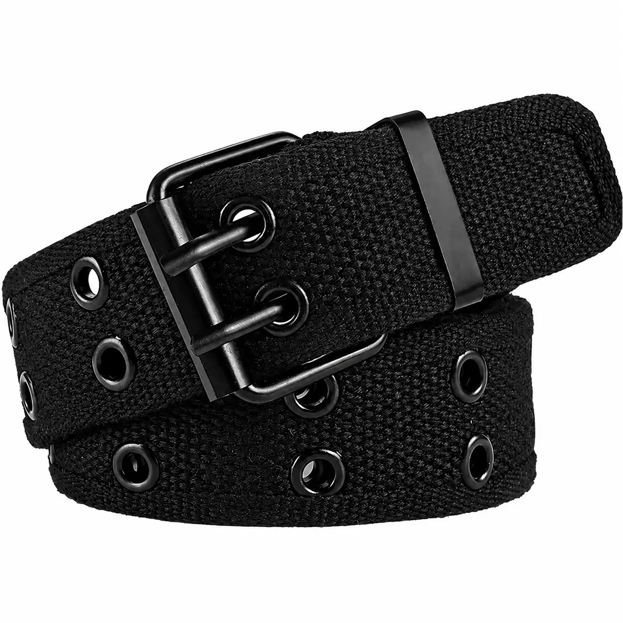 Men's Heavy-Duty Tactical Canvas and Leather Belt with Reinforced Nylon Webbing, Rivet Accents, Dual Metal Eyelet Rows, and Versatile Biker-Punk-Gothic Design for Everyday Wear and Urban Style