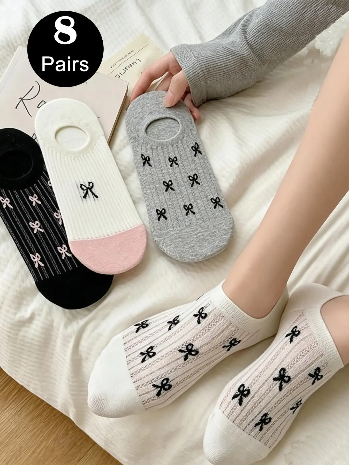 8 Pairs Women's Bow Invisible Crew Socks, Breathable Mesh Anti-Slip Ballet Socks, Summer Fashion Footwear for Comfort and Style