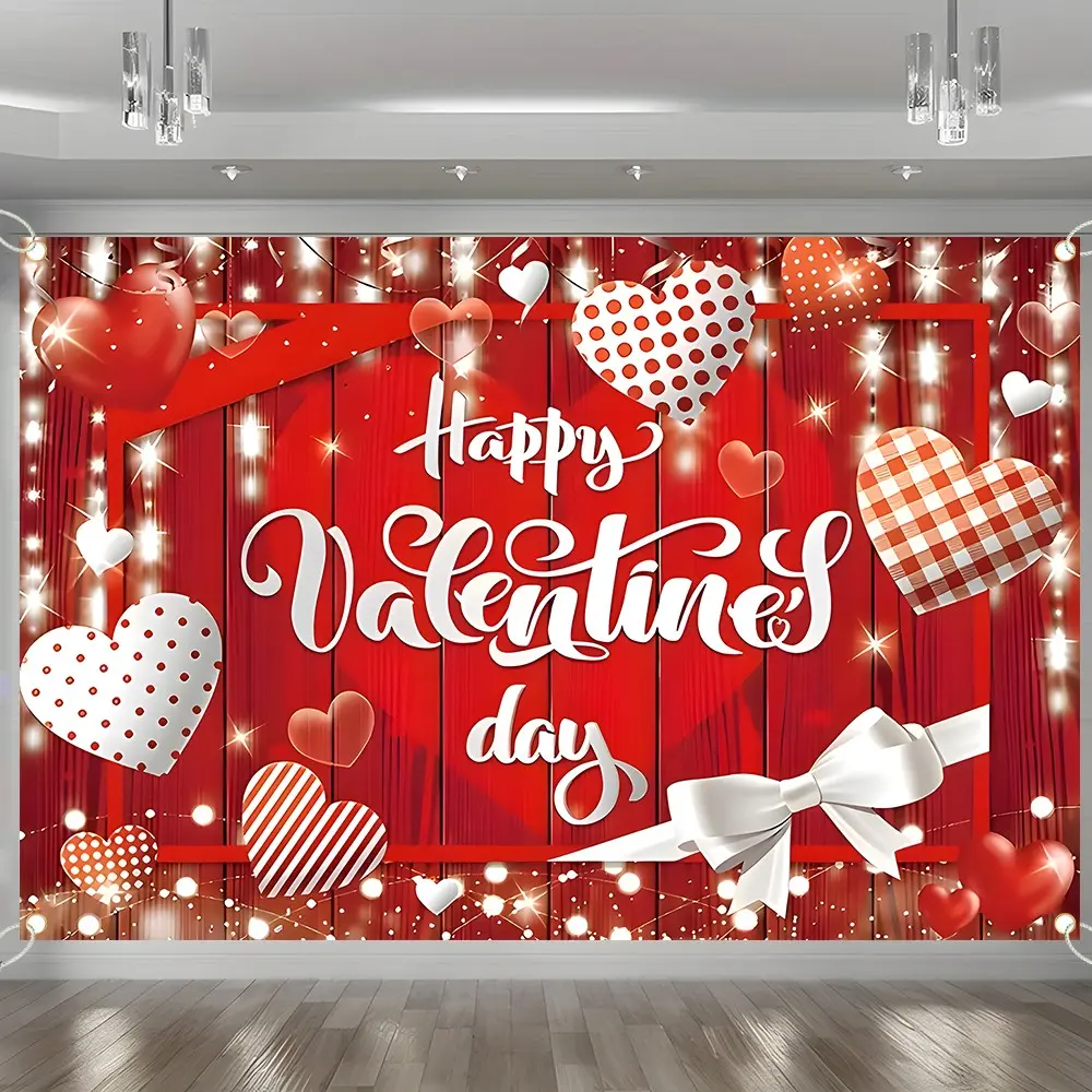 Happy Valentine's Day Backdrop Red Wooden Board with Hearts & Glitter Lights, Large Valentine's Day Banner for Party Decorations, Fabric Photography Background for Photo Booth, Valentine's Day Supplies for Home Indoor Outdoor