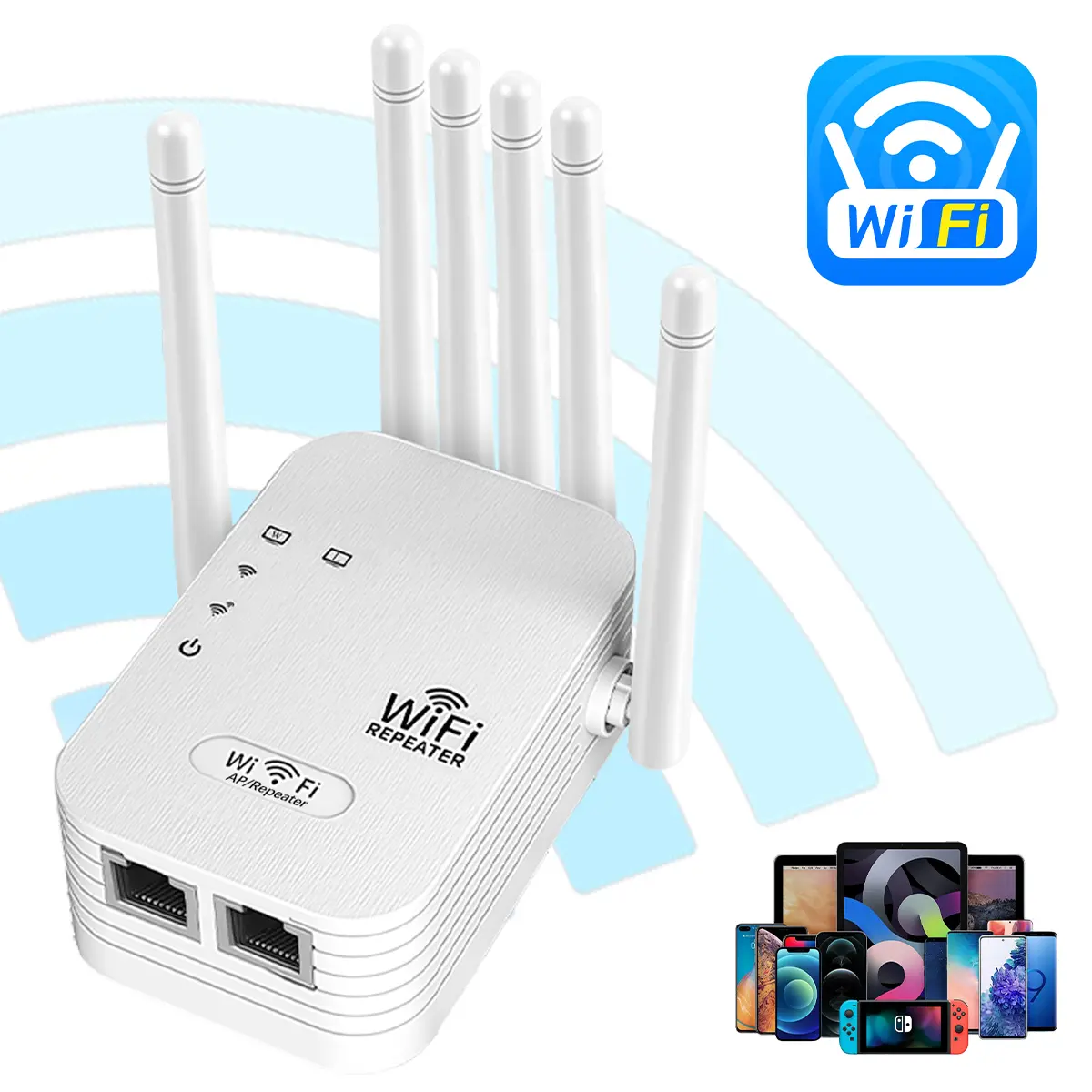Wifi Extenders Signal Booster for Home, US Standard Plug Design, Dual LAN Ports, 6 Antennas Long Range Repeater, 300Mbps Multi-Mode AP Router Repeater for Indoor WiFi Dead Zones.