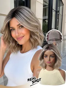 Breathable Short Bob Wig, Mechanized Fiber Mono, Realistic Lace Front, Deep Gradient, Light Hemp Blonde Highlights, Natural Wave Pattern