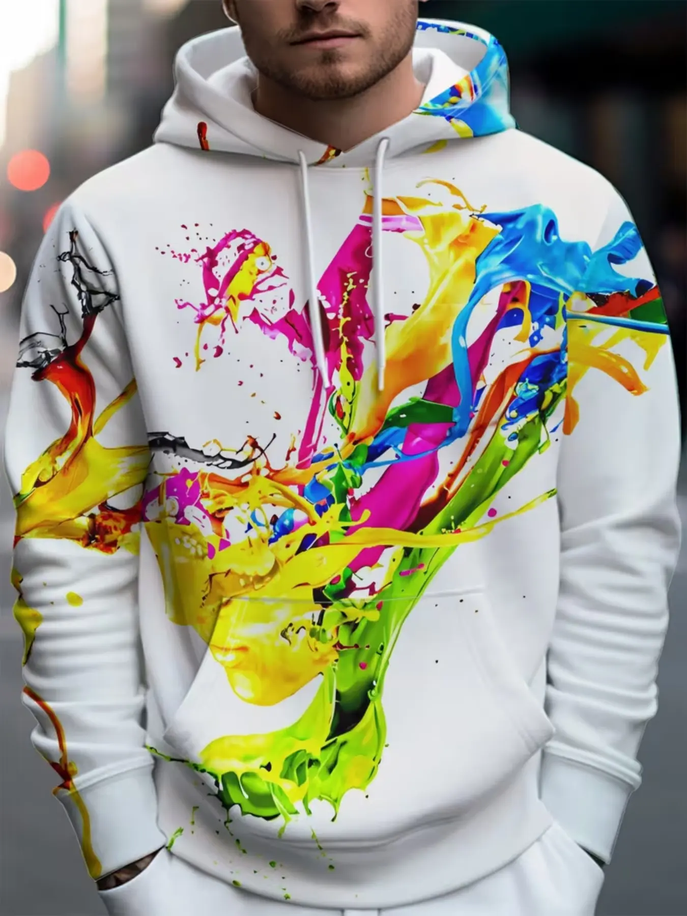 Men's 3D Print Hooded Pullover Hoodie, Base Colorful Paint Splatter Design, Long Sleeve Fitted Casual Top for All Seasons
